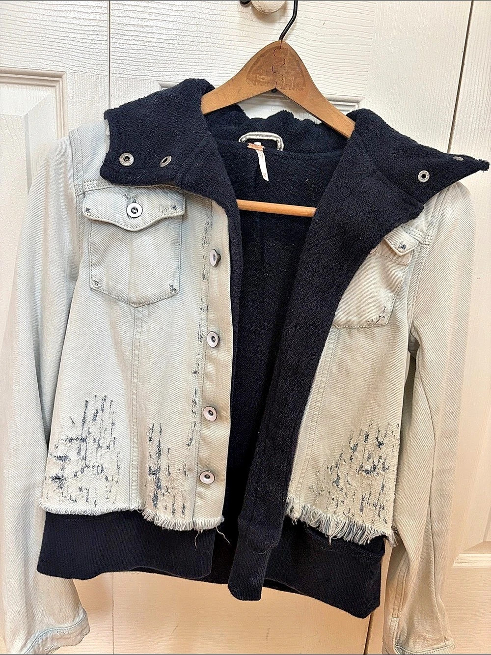 Free People Throwback Denim Knit Jacket Cream & Black XS